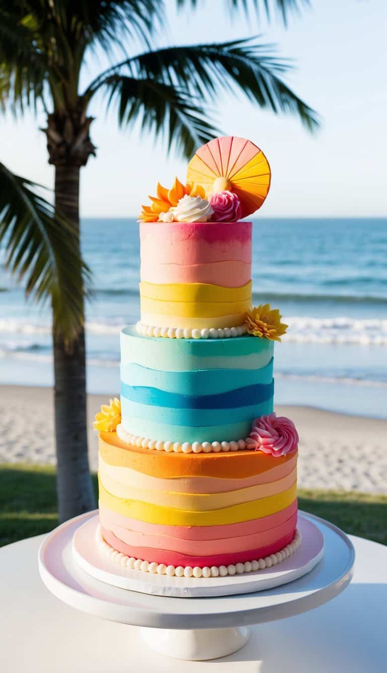 A vibrant Malibu sunset cake with colorful layers and intricate decorations, set against a backdrop of palm trees and a beach