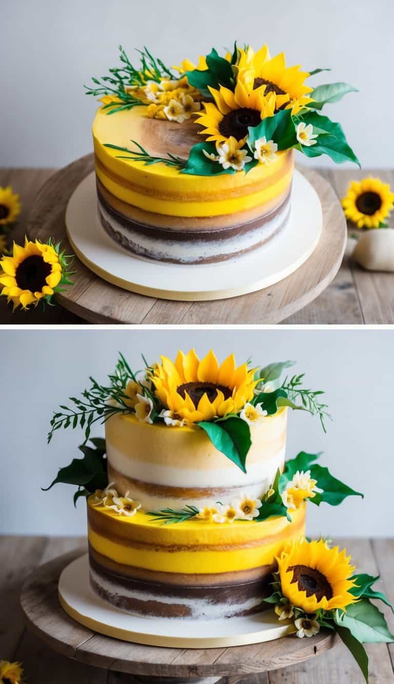 A sunflower fields cake with vibrant yellow and brown hues, adorned with green leaves and delicate petals, sitting on a rustic wooden table