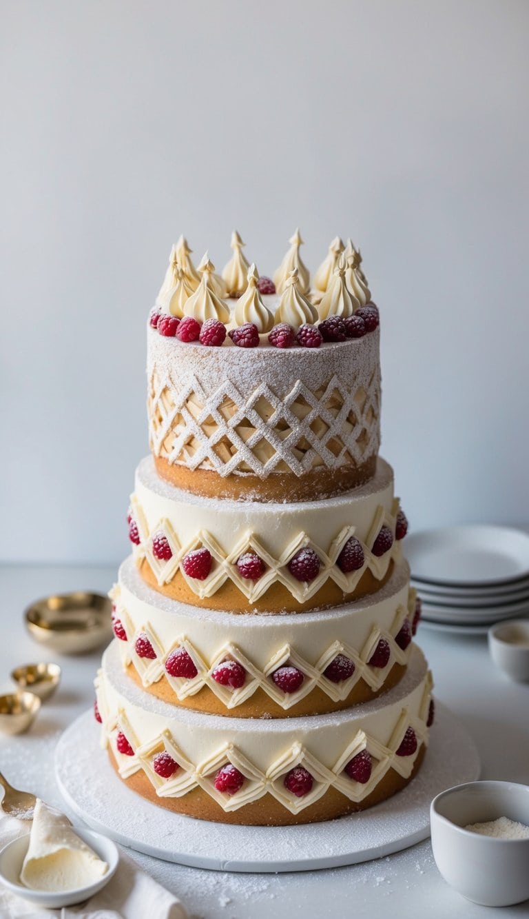 A festive birthday cake adorned with intricate layers of almond pastry and raspberry filling, topped with a lattice design and powdered sugar