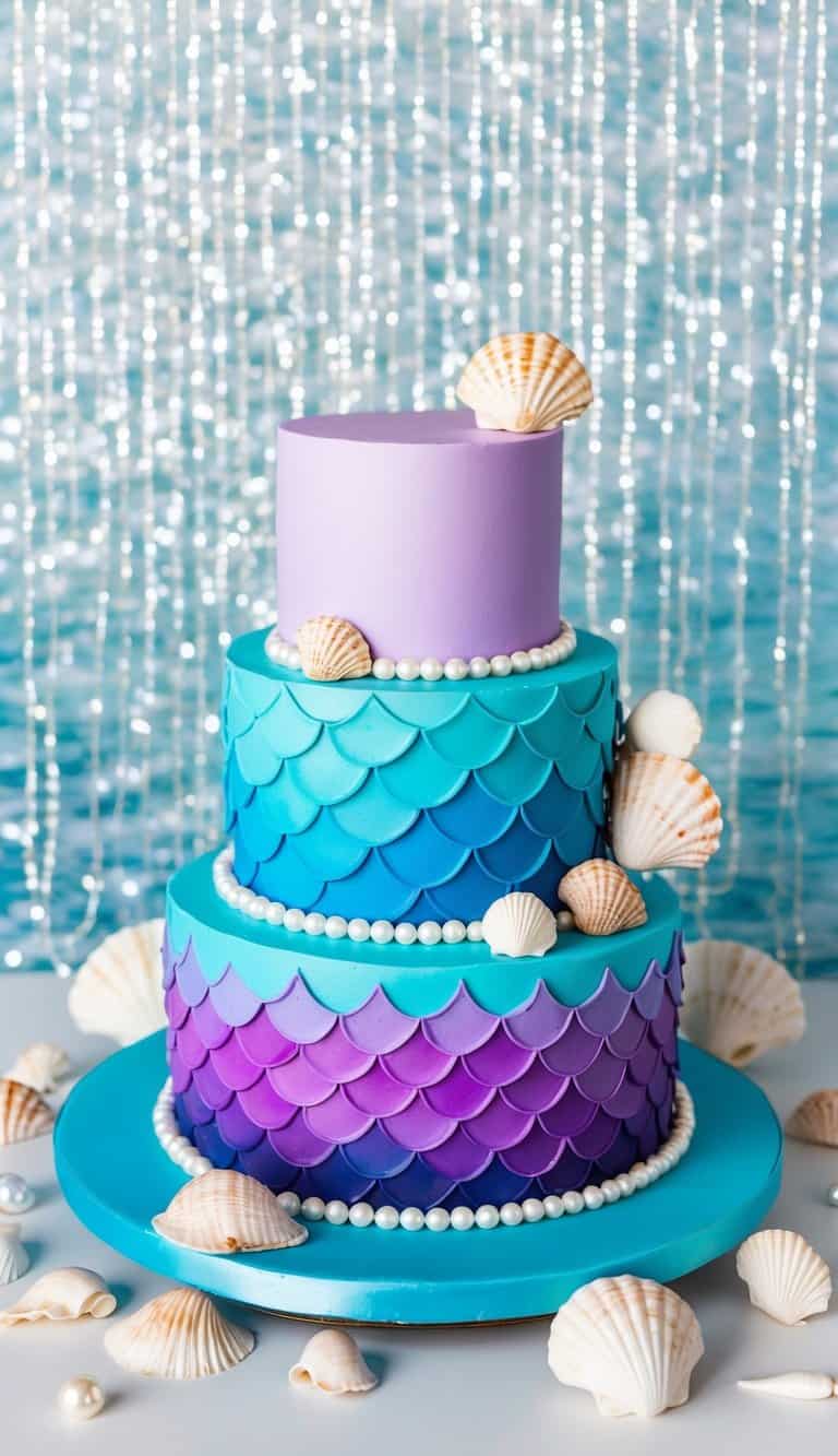 A vibrant mermaid scales cake surrounded by seashells and pearls, with a shimmering ocean backdrop
