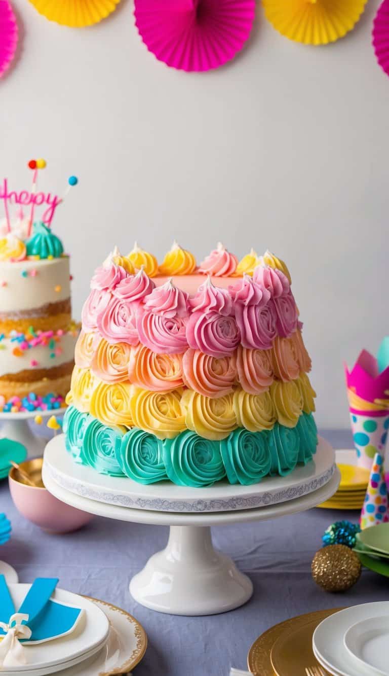 A vibrant rosette ruffle cake stands atop a table, adorned with colorful frosting and intricate designs, surrounded by festive party decorations