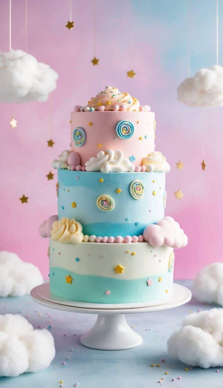 A whimsical cloud cake floating in a sky of pastel colors, adorned with playful swirls and sprinkles, surrounded by tiny edible stars and fluffy cotton candy clouds