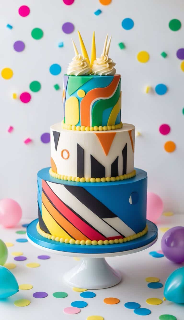A colorful, vibrant cake with bold, graphic elements and playful patterns, surrounded by confetti and party decorations