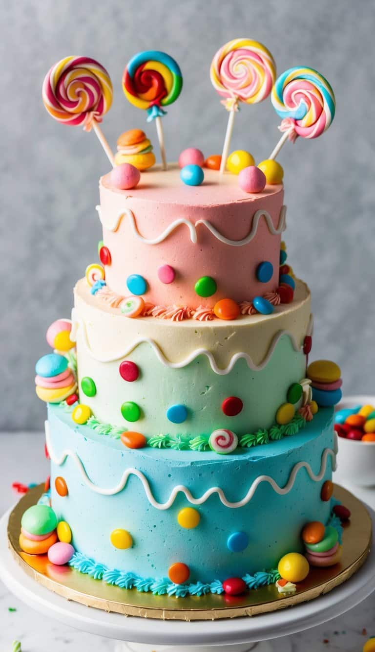A colorful, multi-tiered birthday cake adorned with candy crush themed decorations, including candies, lollipops, and colorful frosting swirls