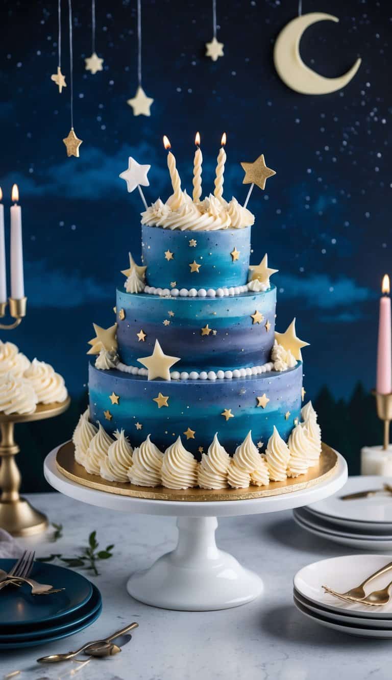 A midnight scene with a moonlit sky and a whimsical birthday cake surrounded by twinkling stars and magical decorations