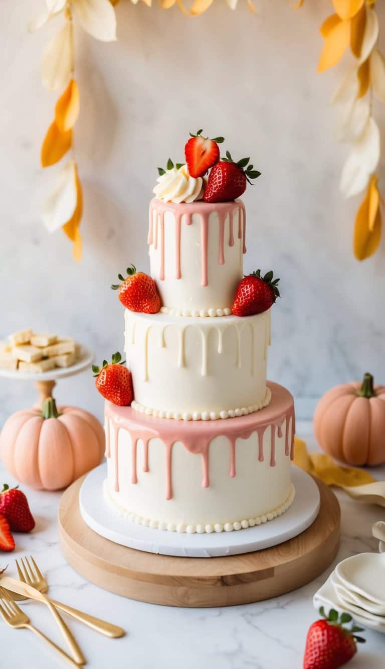 A cake adorned with strawberry and white chocolate ganache drips, surrounded by warm, welcoming homecoming decorations