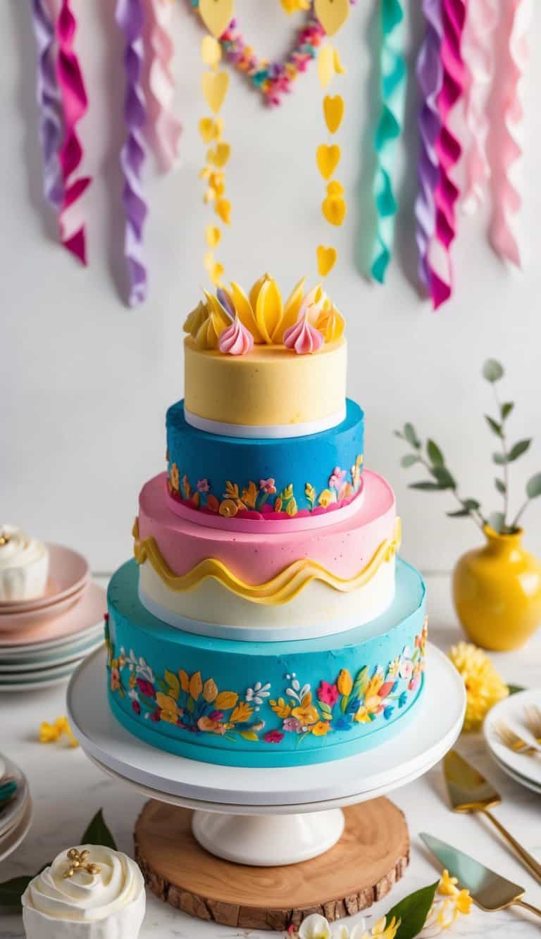 A beautifully decorated cake with vibrant colors and heartwarming designs, surrounded by joyful and welcoming decorations