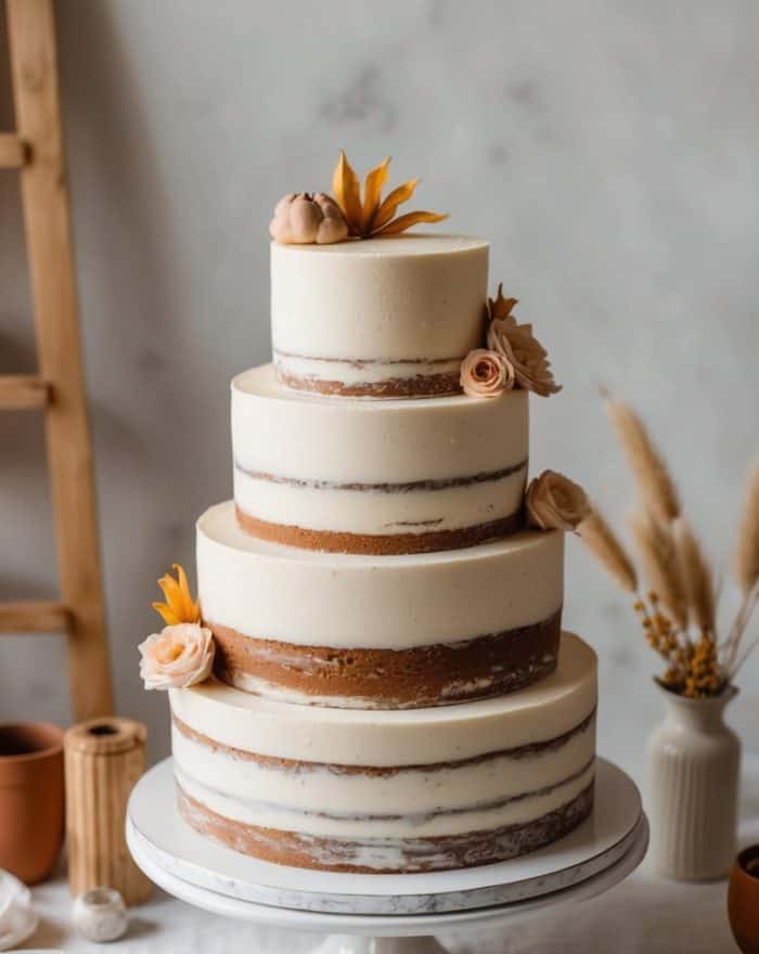 A three-tiered semi-naked cake with white frosting and exposed layers, decorated with beige and yellow flowers, sits on a white cake stand on a table set with plates, cutlery, and neutral-toned decor.