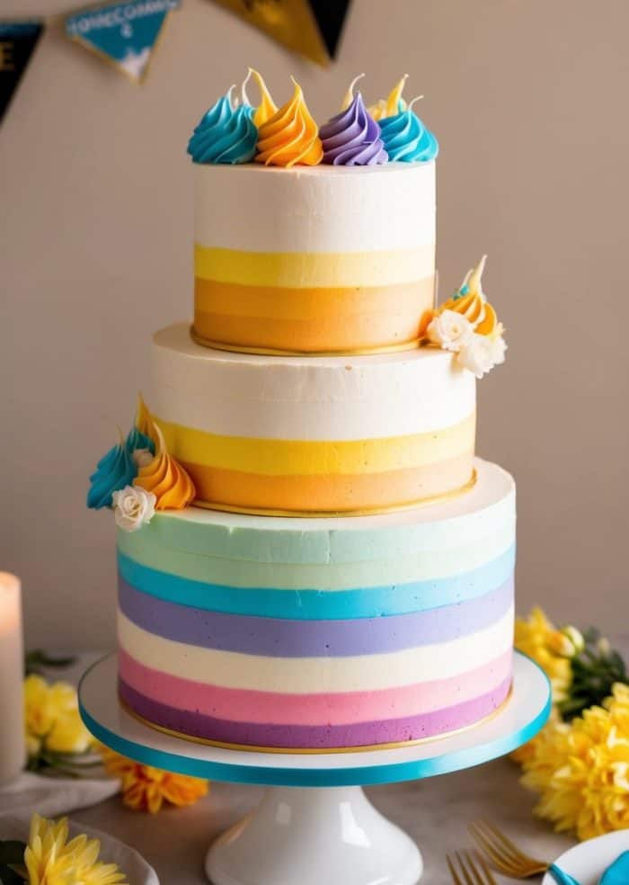 A two-tiered cake with smooth, colorful pastel stripes and swirled dollops of icing on top in blue, yellow, orange, and purple. The cake is decorated with white and yellow flowers and sits on a white stand.
