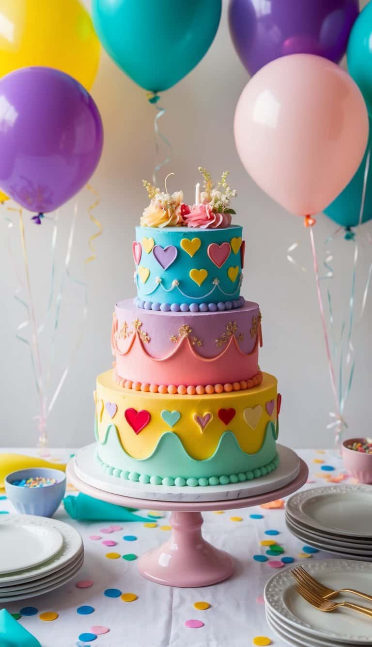 A colorful cake adorned with heartwarming designs, surrounded by balloons and confetti, set on a festive table