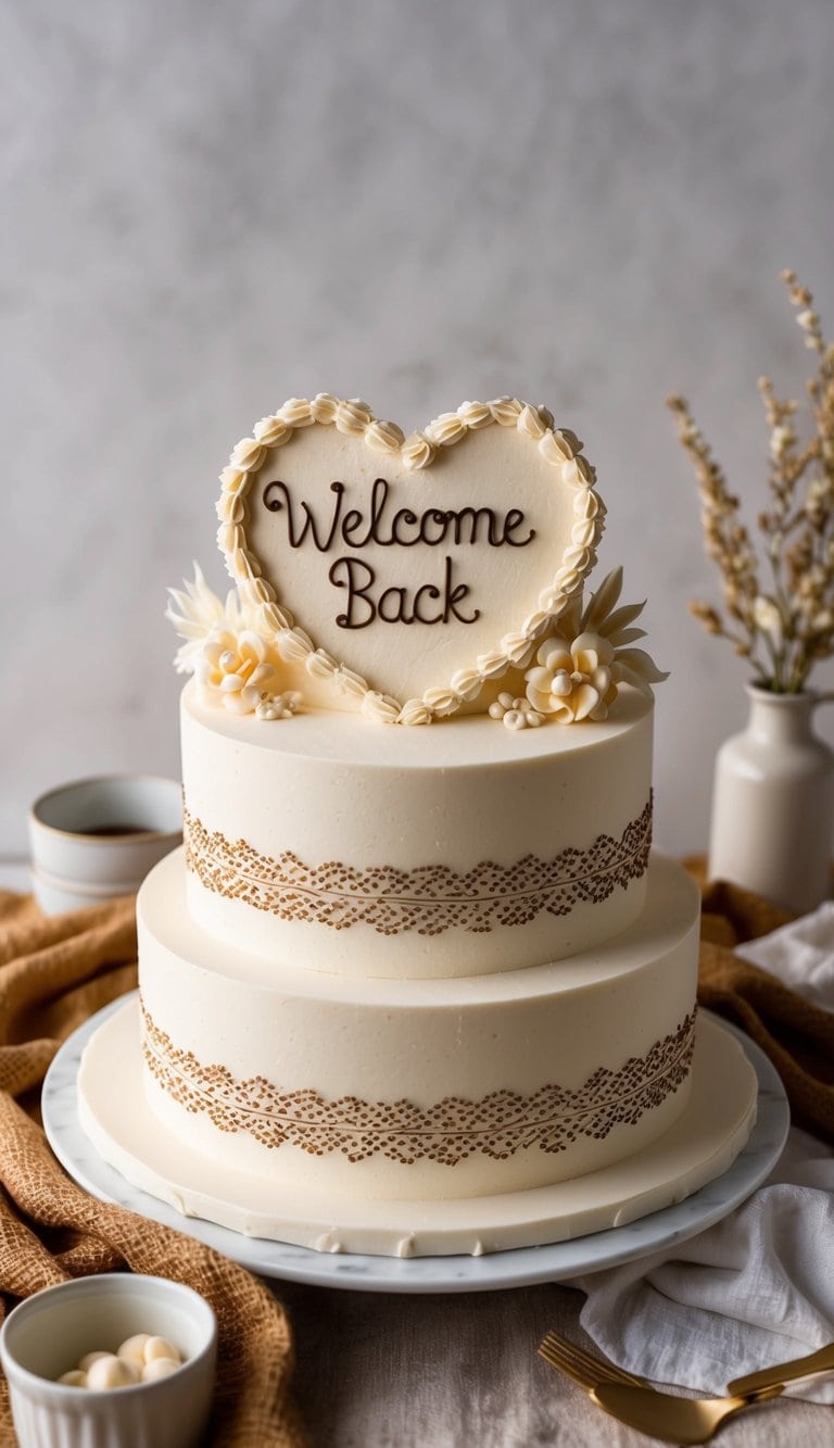 A heart-shaped cake with "Welcome Back" icing surrounded by warm, homey decorations