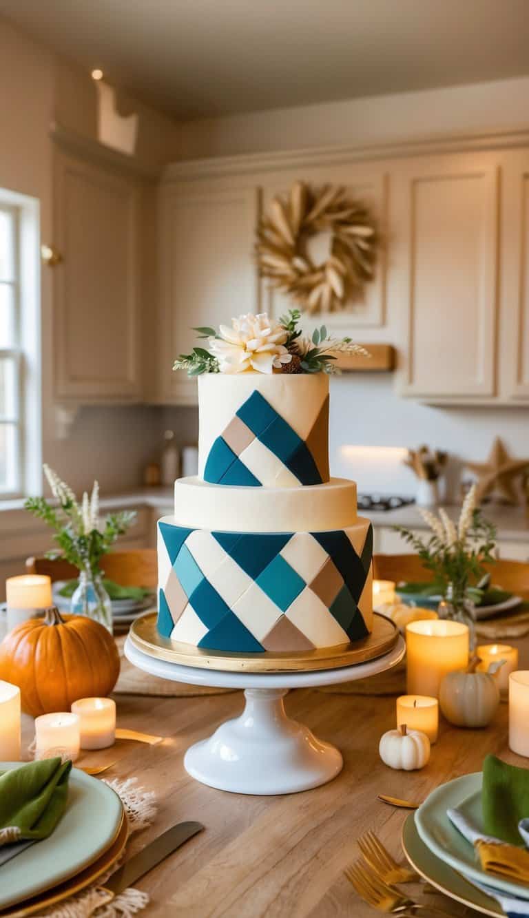 A cozy kitchen table adorned with a geometric-patterned cake surrounded by homecoming decorations and warm, inviting lighting