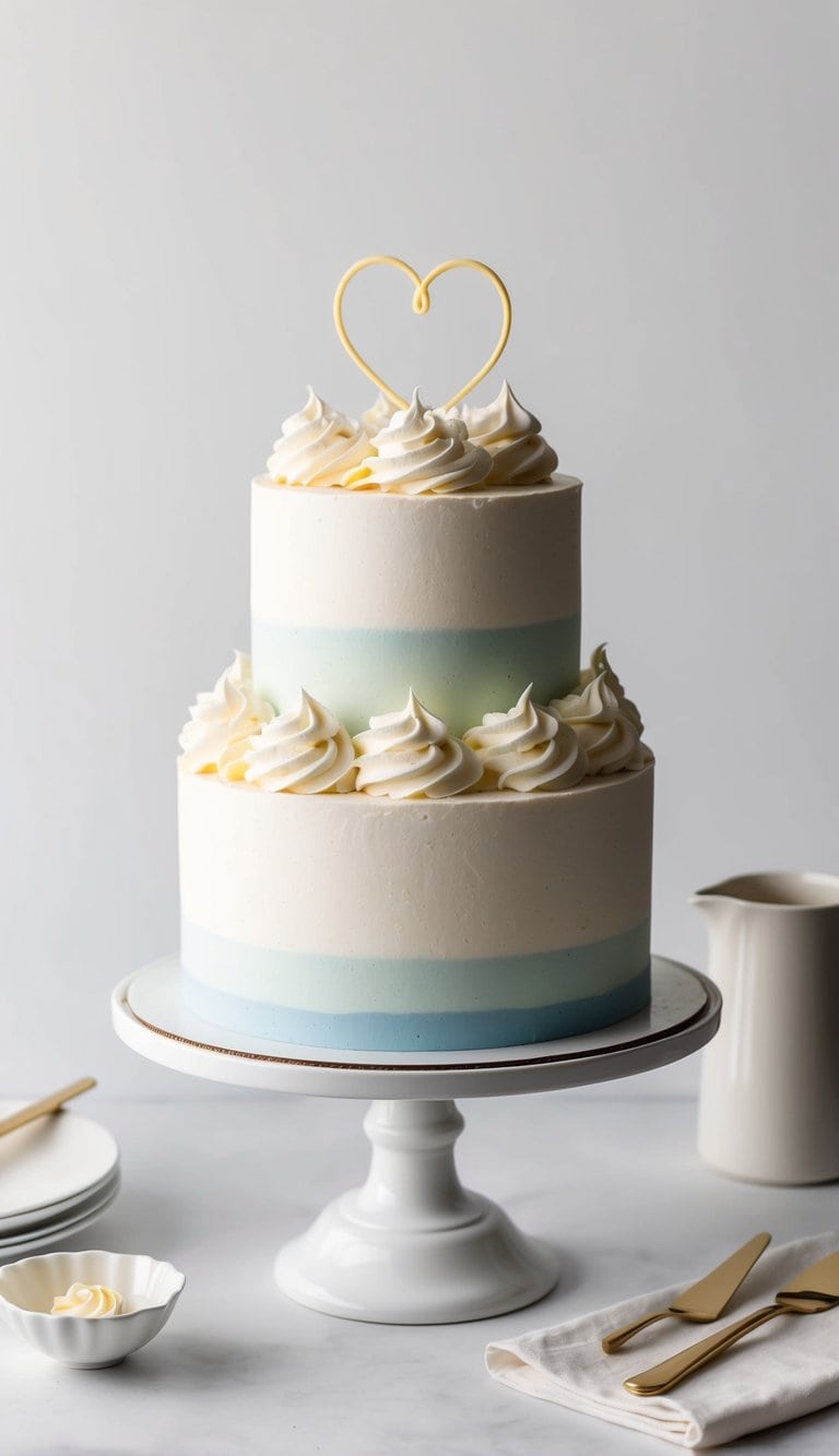 A cake topped with whipped cream swirls and a simple heart design