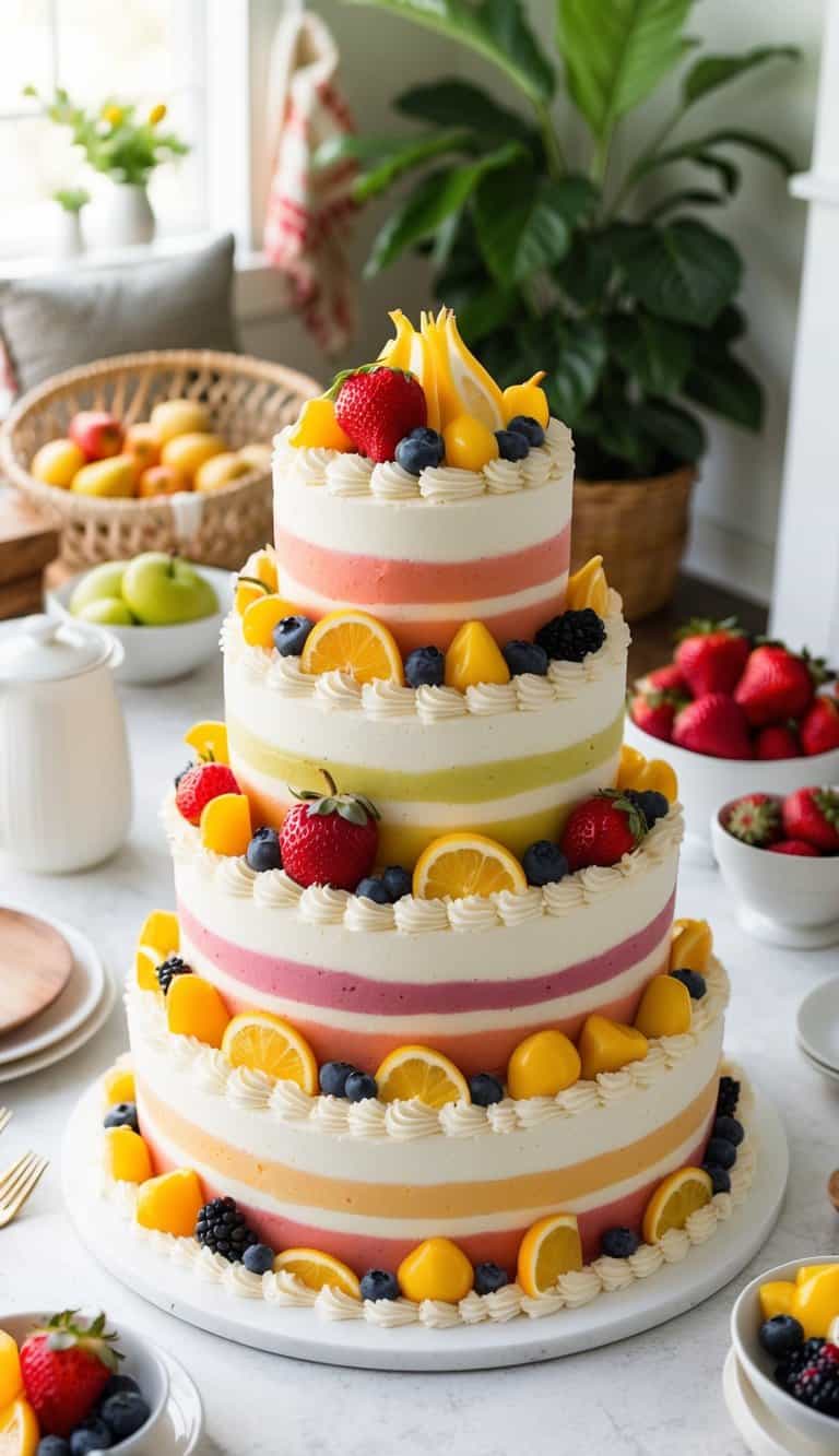 A colorful fruit basket cake surrounded by welcoming home decorations and heartwarming details