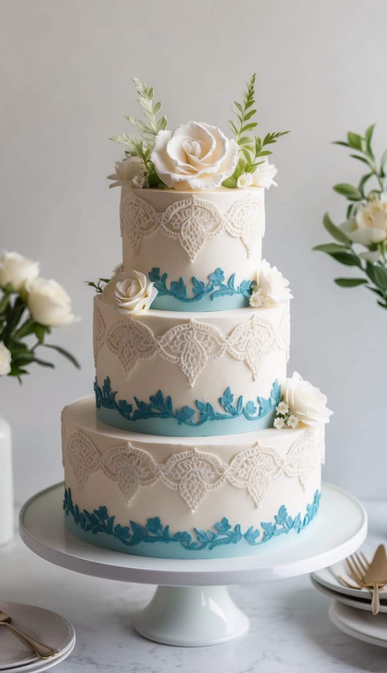 A beautifully decorated cake with intricate lace piping and heartwarming homecoming-themed details