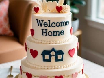 A three-tiered white cake decorated with red hearts, a small blue house, and the words "Welcome Home" sits on a table set for a meal in a bright, cozy room.