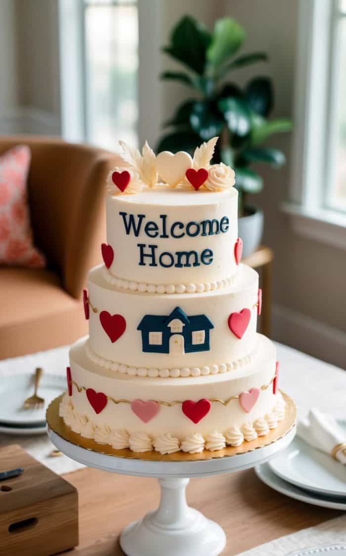 A three-tiered white cake decorated with red hearts, a small blue house, and the words "Welcome Home" sits on a table set for a meal in a bright, cozy room.