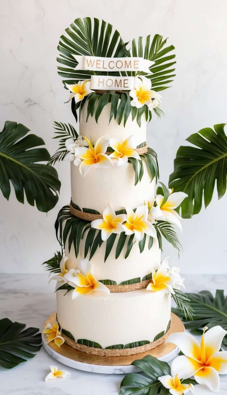 A coconut paradise cake surrounded by tropical flowers and palm leaves, with a "Welcome Home" banner draped across the top