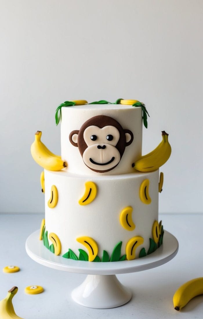 A two-tier cake decorated with yellow bananas and green leaves, featuring a smiling monkey face on the top tier. Real bananas and small banana-shaped fondant pieces are placed around the cake.