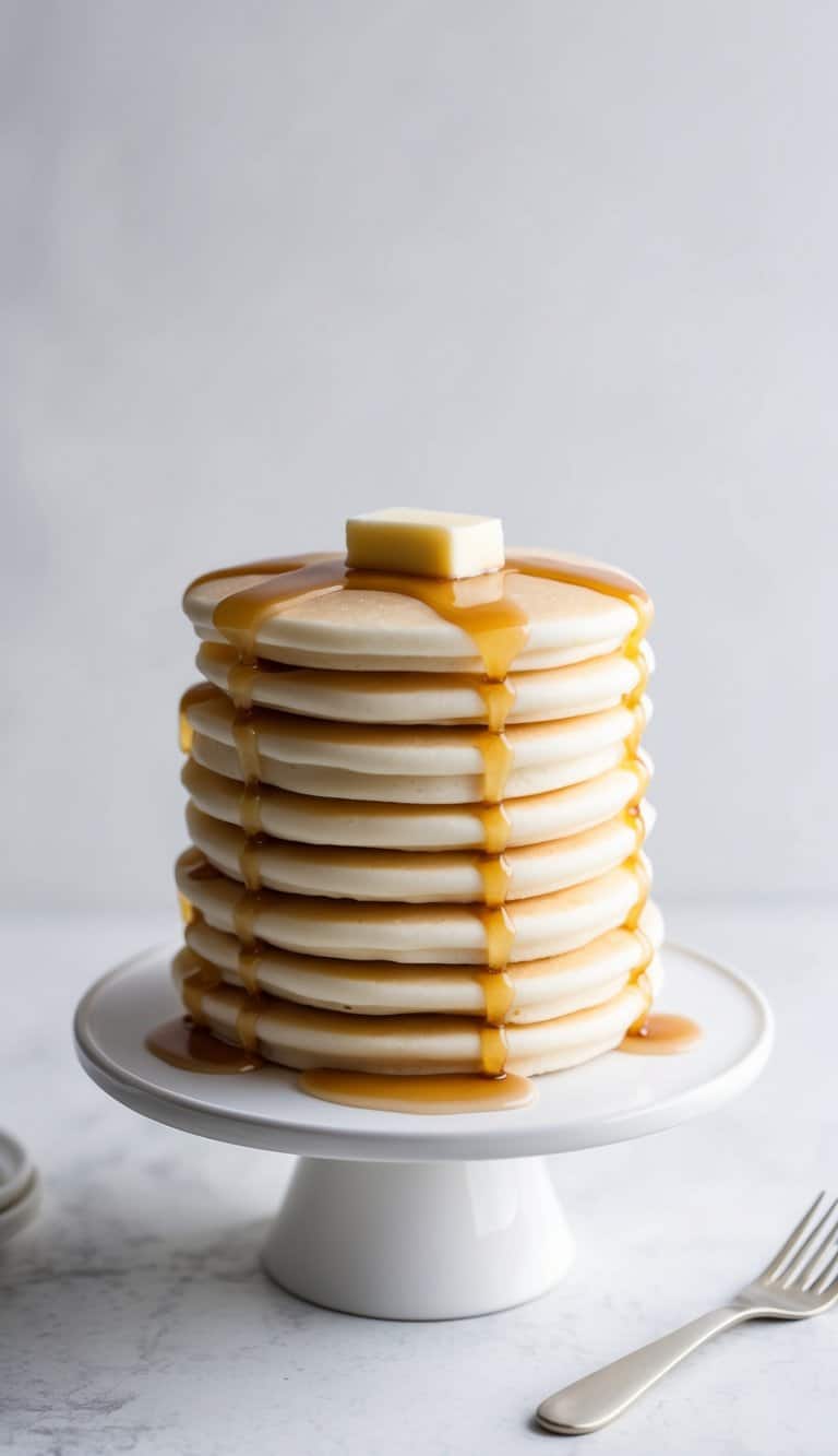 A cake decorated to look like a stack of pancakes with a pat of butter on top, complete with syrup dripping down the sides