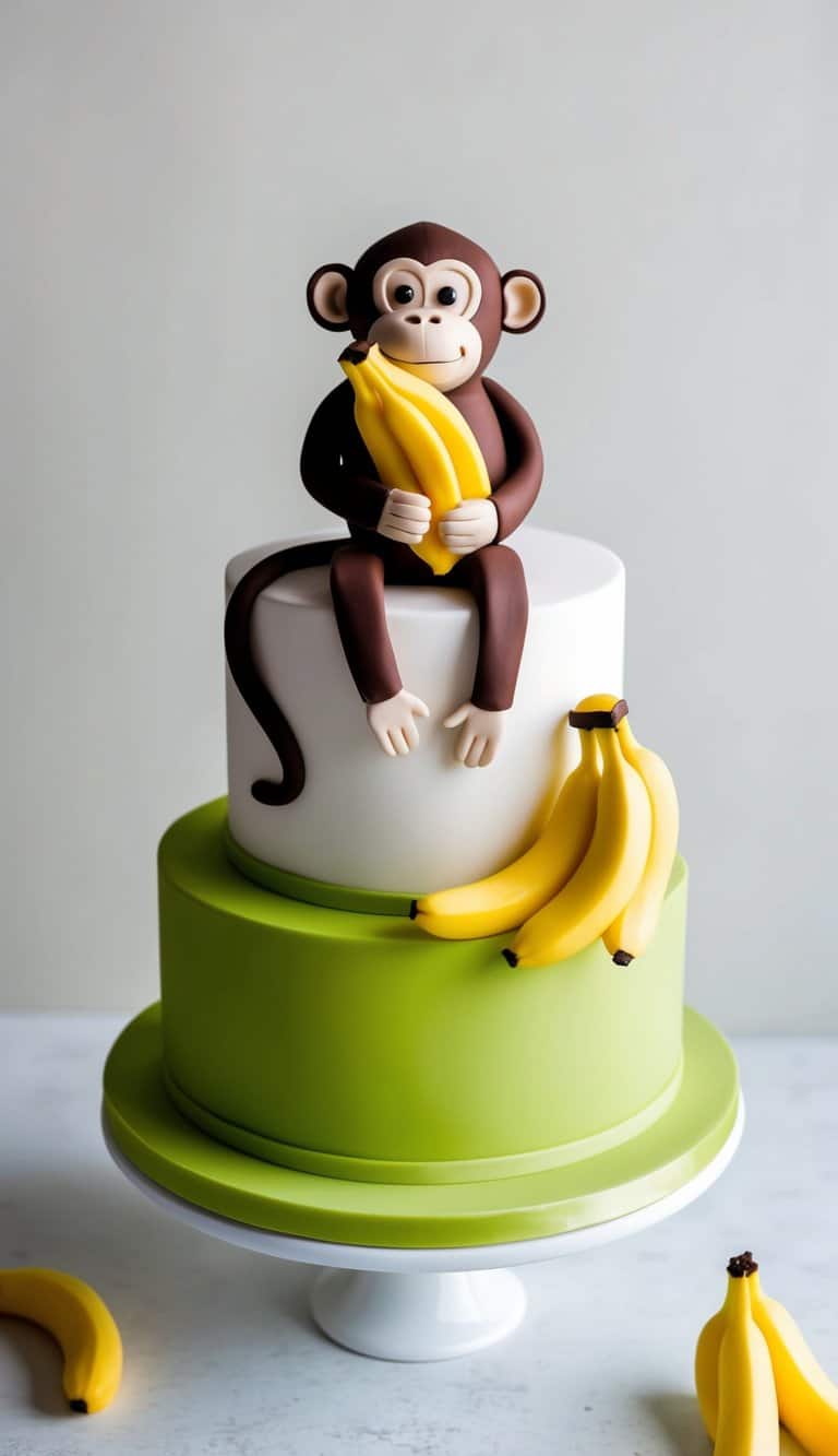 A monkey holding a bunch of bananas made of sugar art