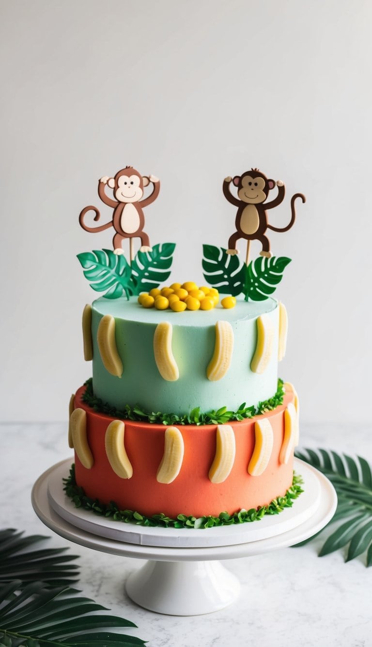 A colorful cake adorned with banana candy decorations surrounded by playful monkey-themed cake toppers and jungle foliage
