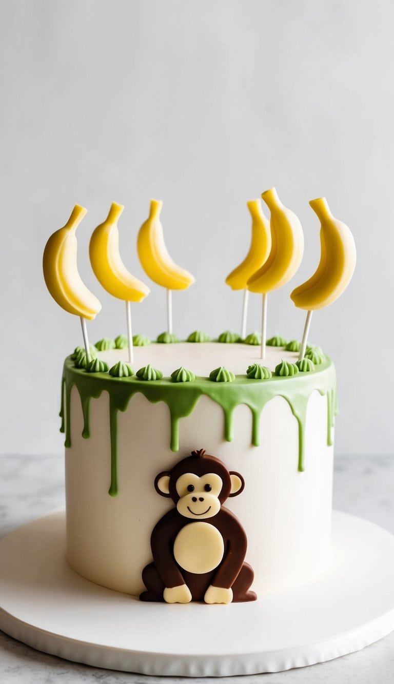 A display of banana-shaped cake pops attached to a monkey-themed cake