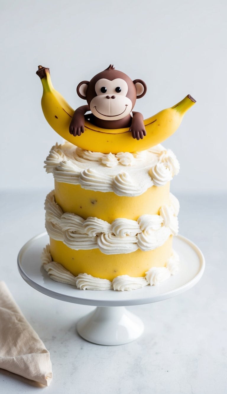 A banana peel frosting swirls atop a playful monkey-themed cake
