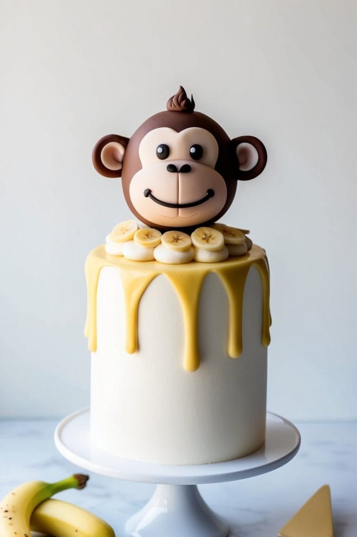 A tall, white cake with yellow icing drips is topped with banana slices and a smiling monkey face decoration. Two bananas and a cake server are on the marble surface beside the cake stand.