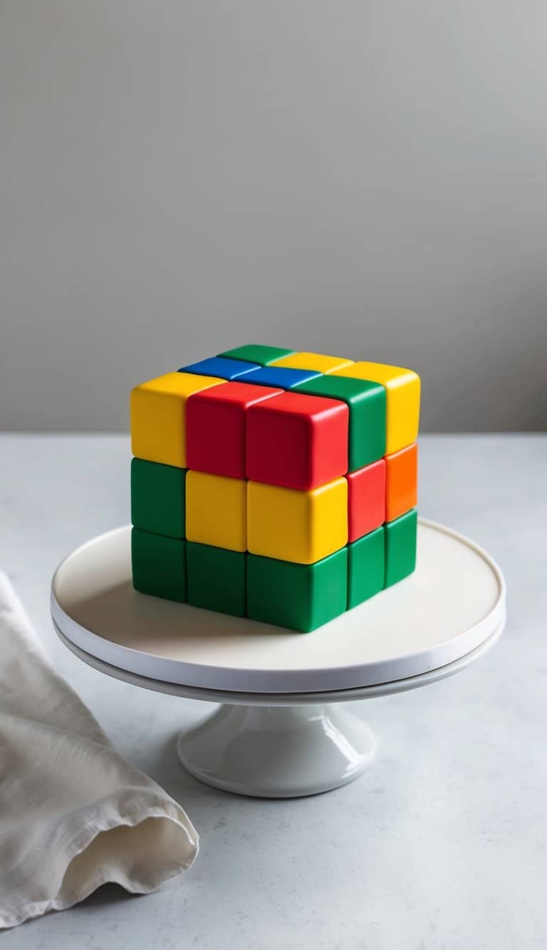 A Rubik’s cube cake with colorful fondant squares sits on a table