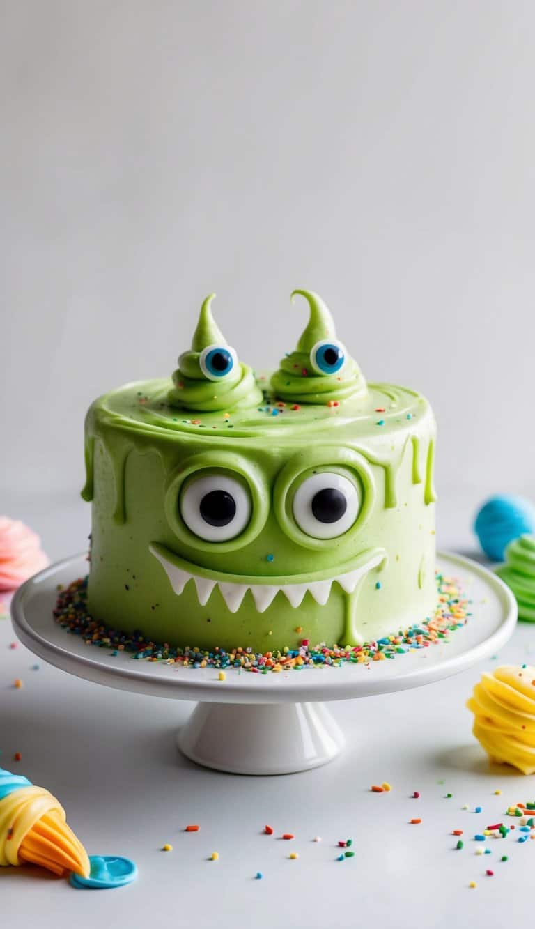 A slimy monster cake with googly eyes sits on a table, surrounded by colorful frosting and sprinkles