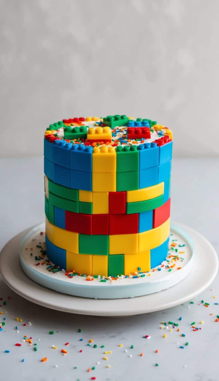 A Lego block cake with edible connectors sits on a table, surrounded by colorful frosting and sprinkles