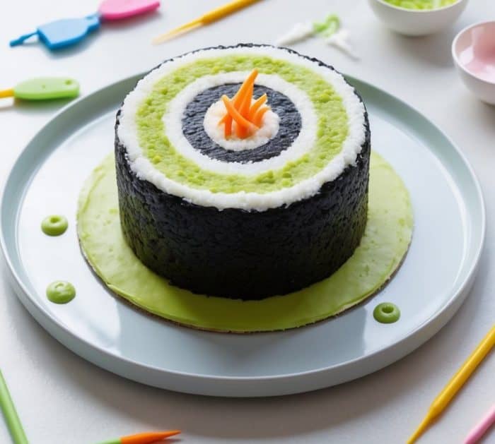 A round cake decorated to look like sushi, with concentric circles of green, white, and black, and an orange garnish in the center. Surrounded by small bowls and colorful utensils on a white table.