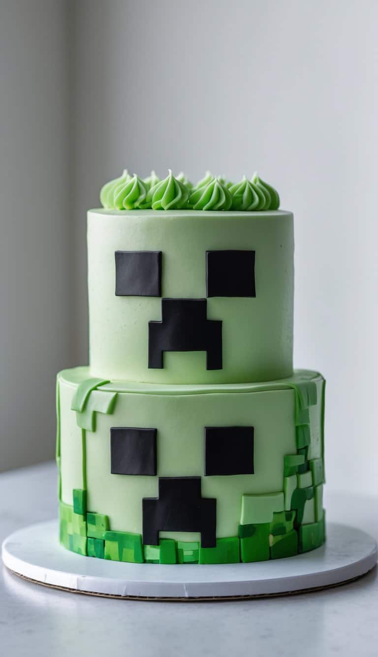 Close-up photo of a one-tier Minecraft Creeper birthday cake on a clean surface with natural lighting.