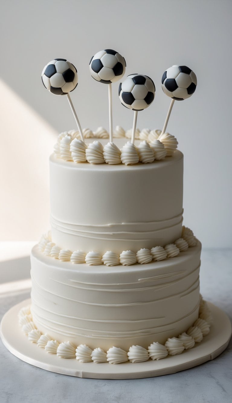 Close-up photo of a two-tier cake decorated with soccer ball cake pops on a clean surface with soft natural lighting.