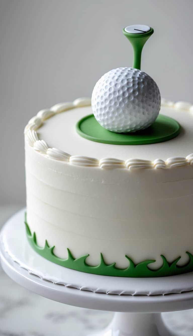Close-up photo of a one-tier cake decorated with a golf ball and tee on top, placed on a clean surface with soft natural lighting.