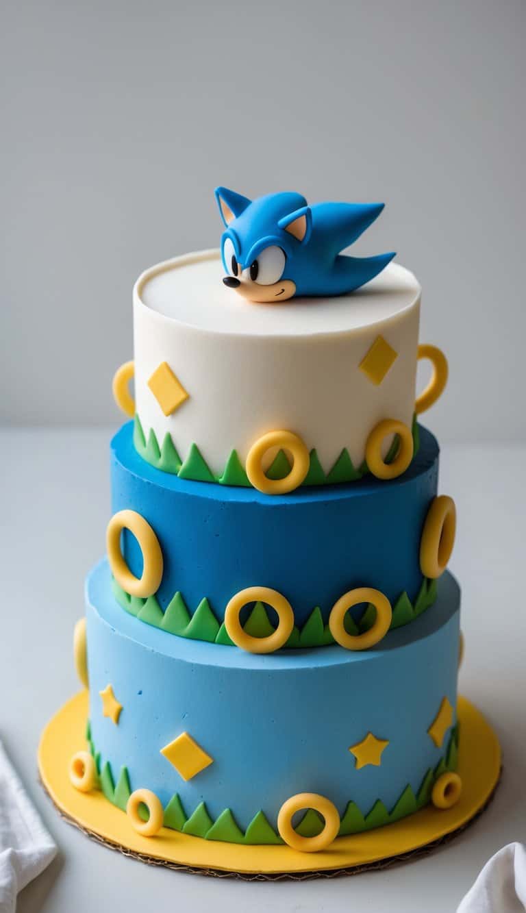 Close-up of a two-tier birthday cake decorated with golden rings and blue accents on a clean surface with natural lighting.
