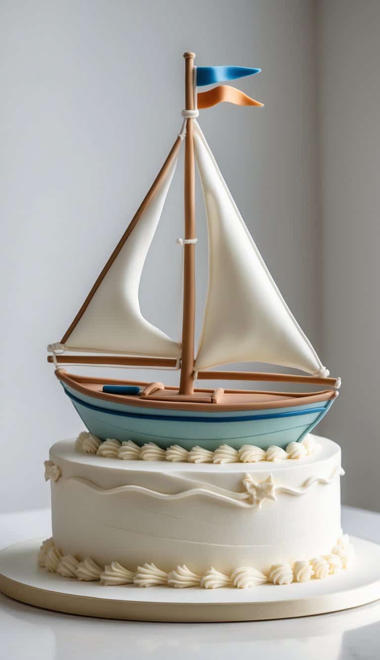 Close-up image of a two-tier sailing boat cake decorated with edible flags on a clean white surface.