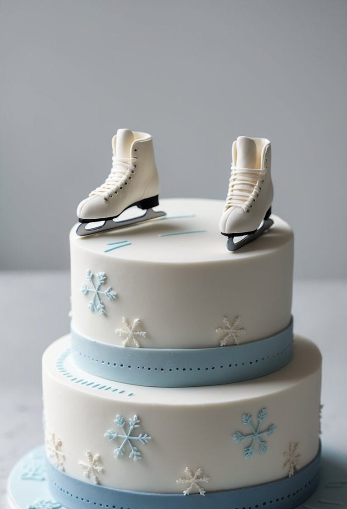 A two-tier white cake decorated with blue bands, snowflakes, and fondant ice skates on top, creating a winter or ice skating theme.