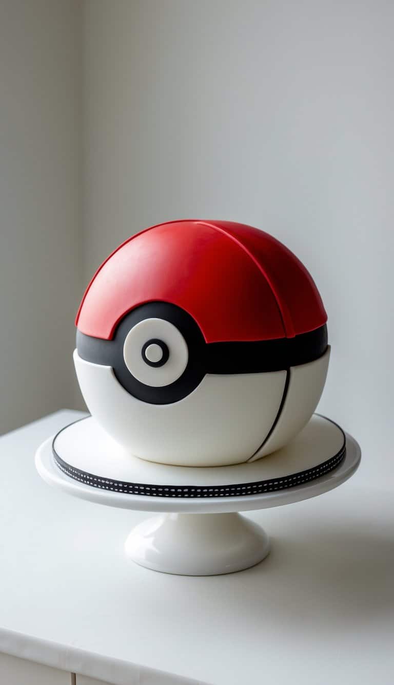 A one-tier cake shaped and decorated like a Pokémon Pokéball with red, white, and black colors, placed on a cake stand on a clean surface against a plain background in a bright kitchen.
