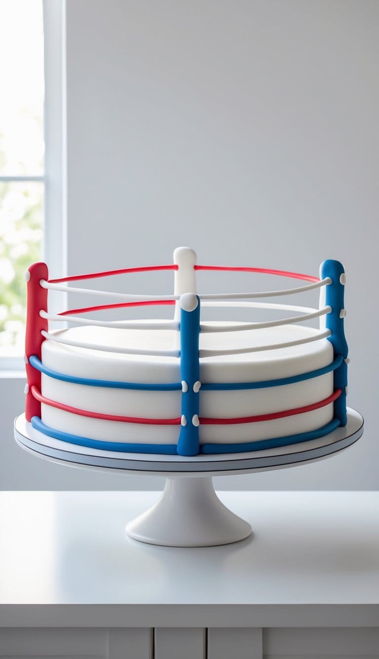 A single-tier wrestling ring cake with smooth frosting and colorful decorations sits on a white cake stand on a clean surface against a plain background in a bright kitchen.