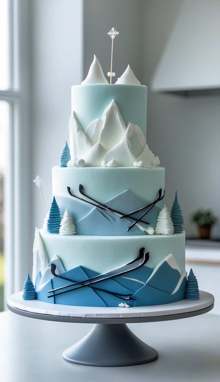 A smoothly frosted multi-tiered cake decorated with ski-themed fondant shapes and piping, placed on a cake stand on a clean surface in a bright kitchen.