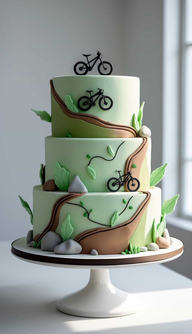 A two-tier cake decorated with mountain biking themed edible decorations, displayed on a white cake stand against a plain background in a bright kitchen.