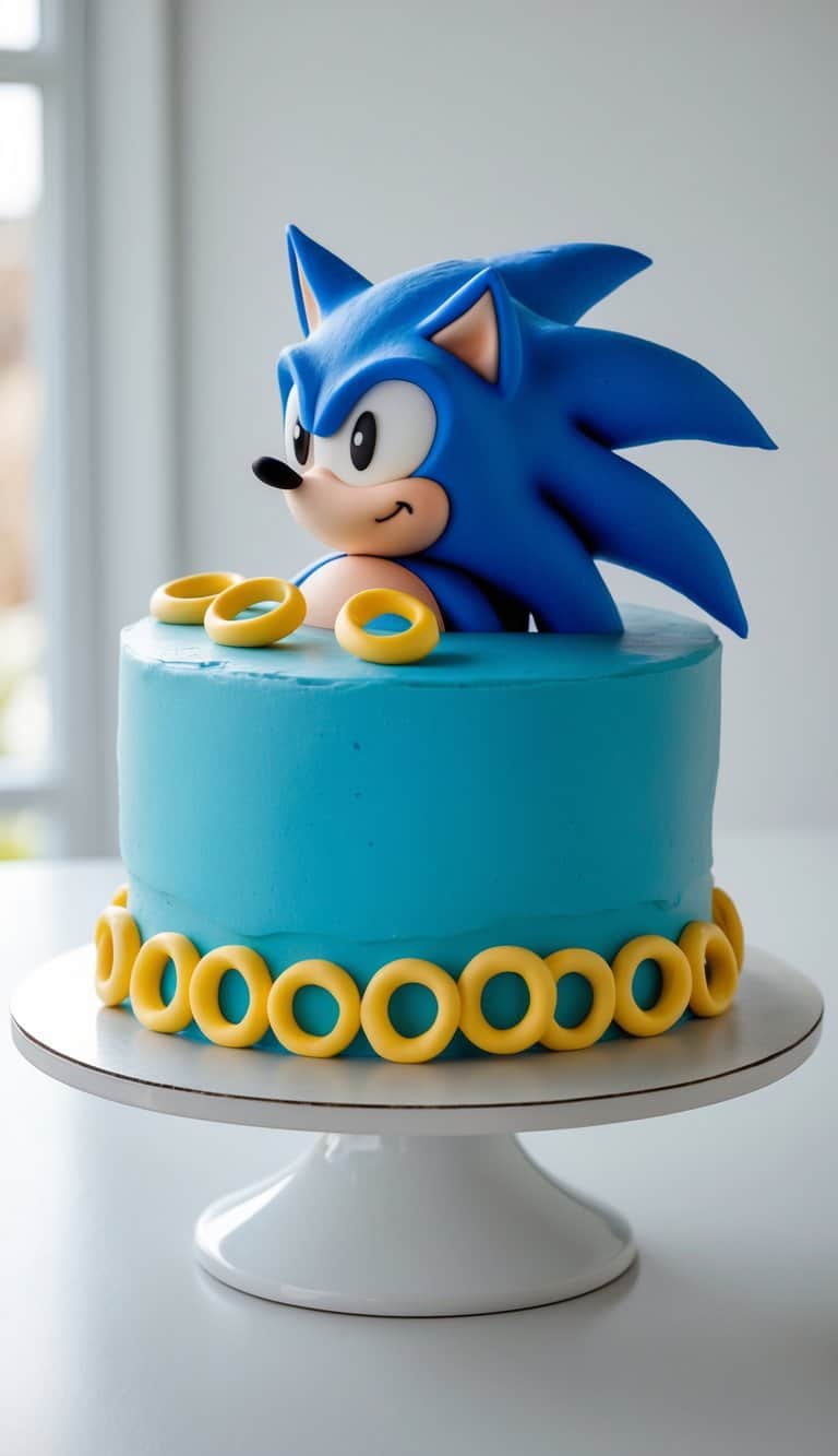 A single-tier blue cake with golden rings stacked on top, displayed on a white cake stand against a plain background in a bright kitchen.