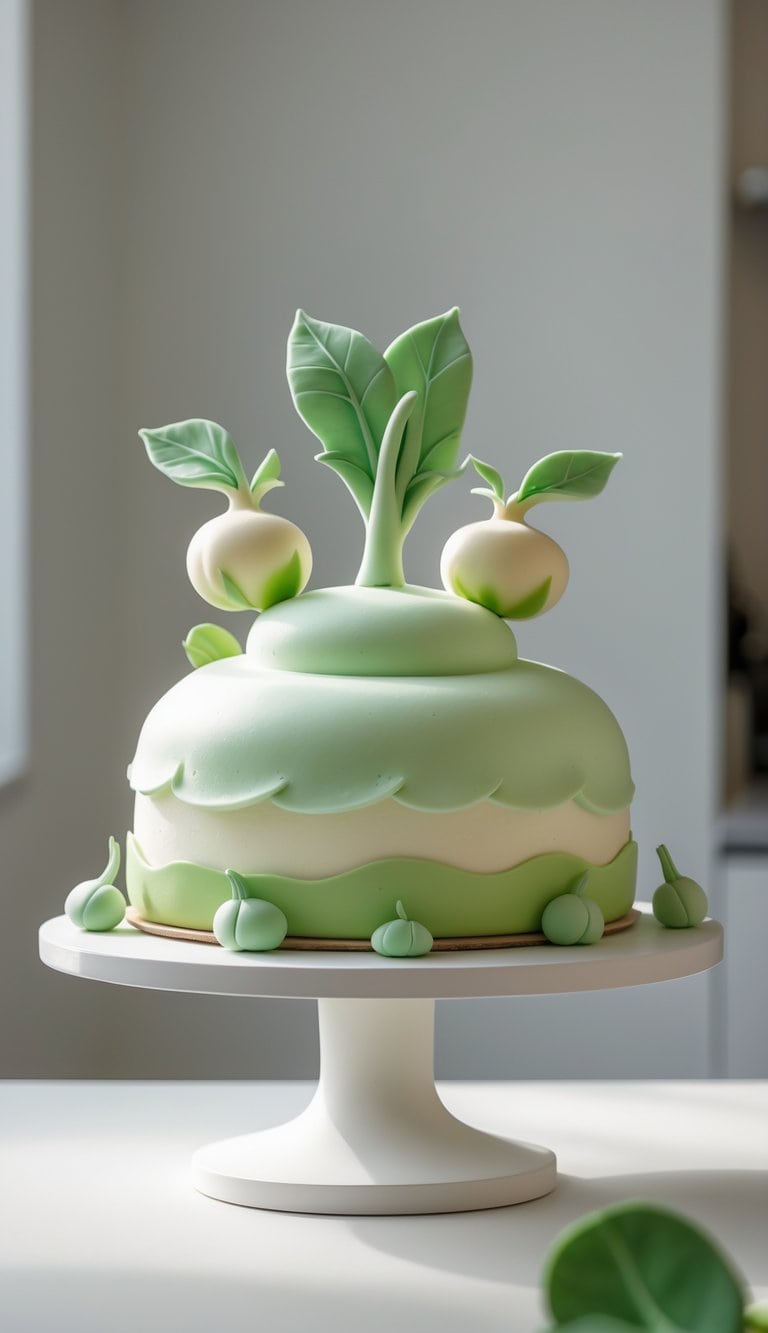 A single-tier cake decorated with green and white frosting and turnip-shaped decorations on a white cake stand against a plain background in a bright kitchen.
