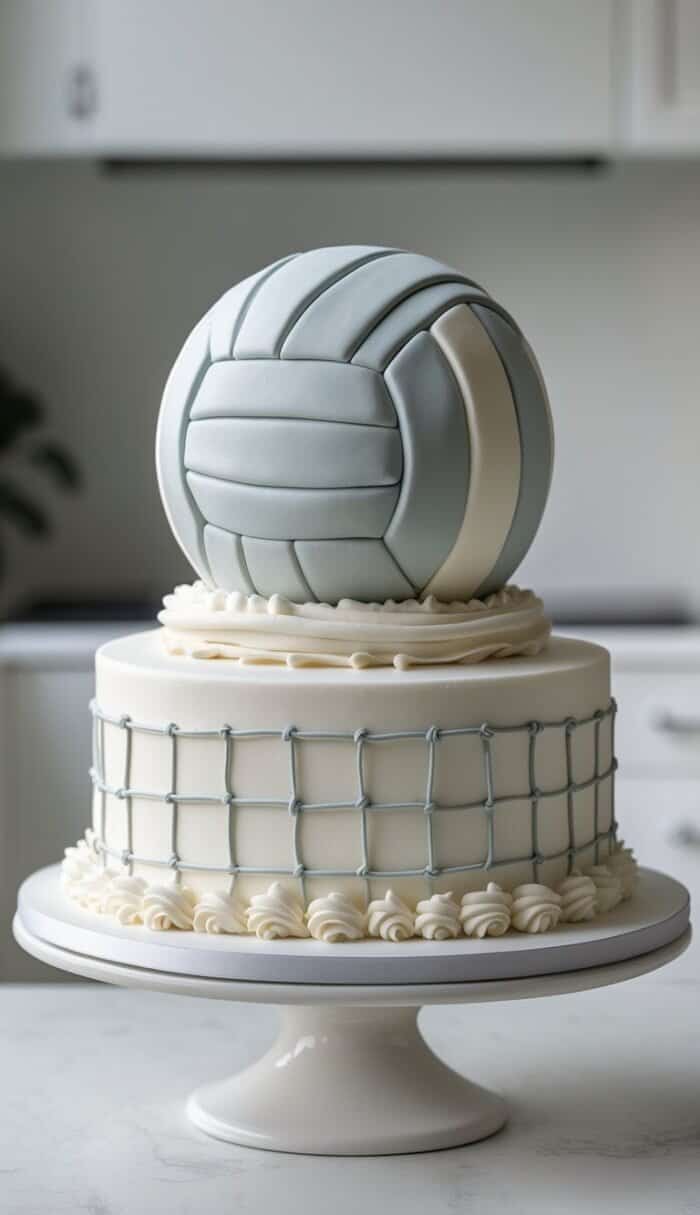 A two-tiered cake decorated with piped icing to resemble a volleyball net on the side, topped with a realistic volleyball made of fondant, set on a white cake stand in a bright kitchen.