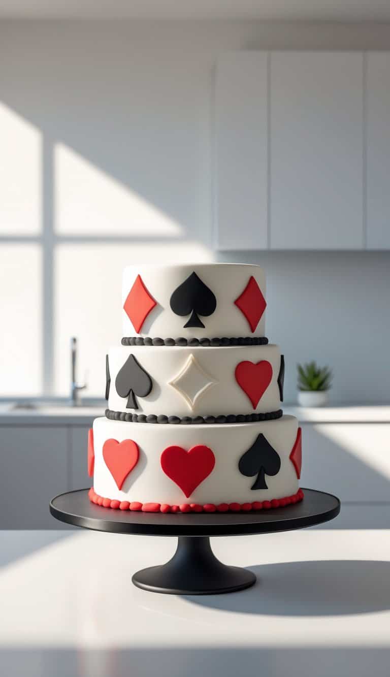 A casino-themed cake with smooth frosting and card suit decorations on a cake stand in a bright kitchen.