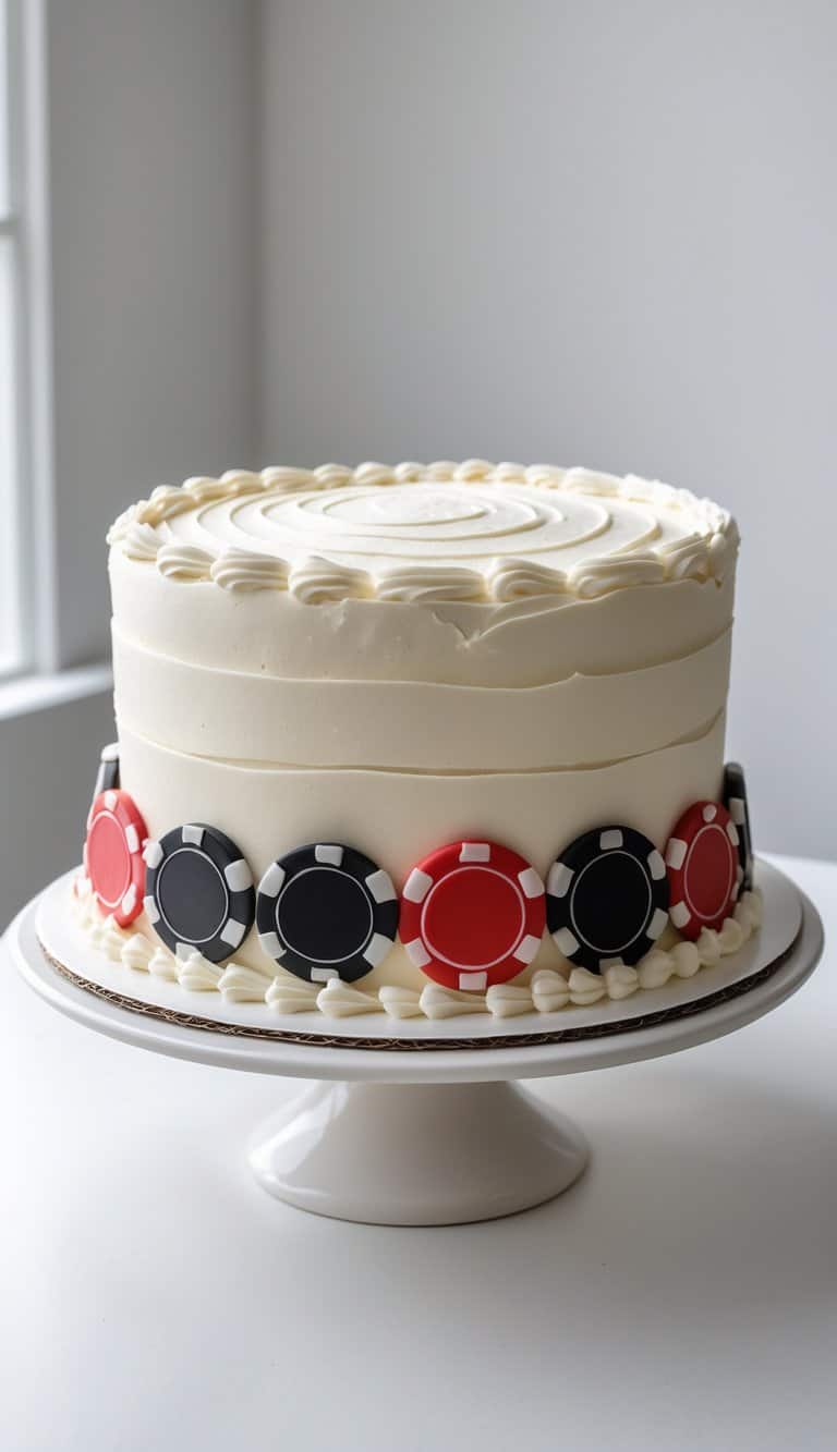 A one-tier cake decorated with casino chip designs sits on a cake stand on a clean surface in a bright kitchen.