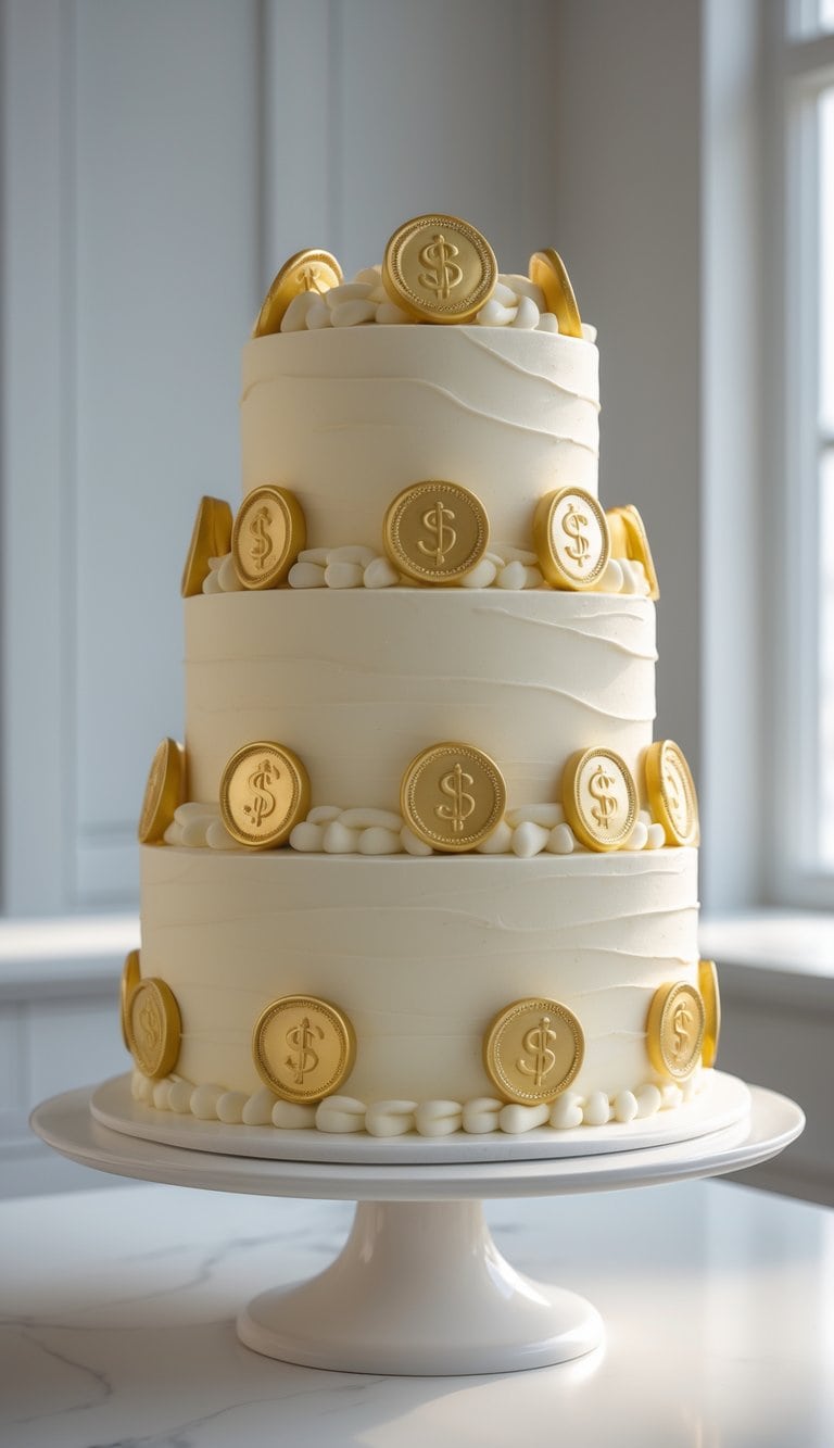 Two-tier cake with smooth cream-colored frosting and gold coin decorations on a white cake stand in a bright kitchen.