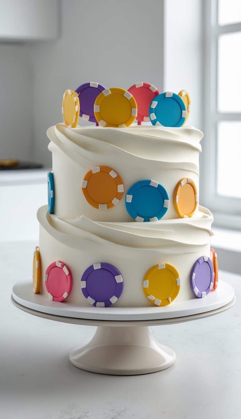 Two-tier cake with smooth frosting and colorful fondant decorations on a cake stand in a bright kitchen.